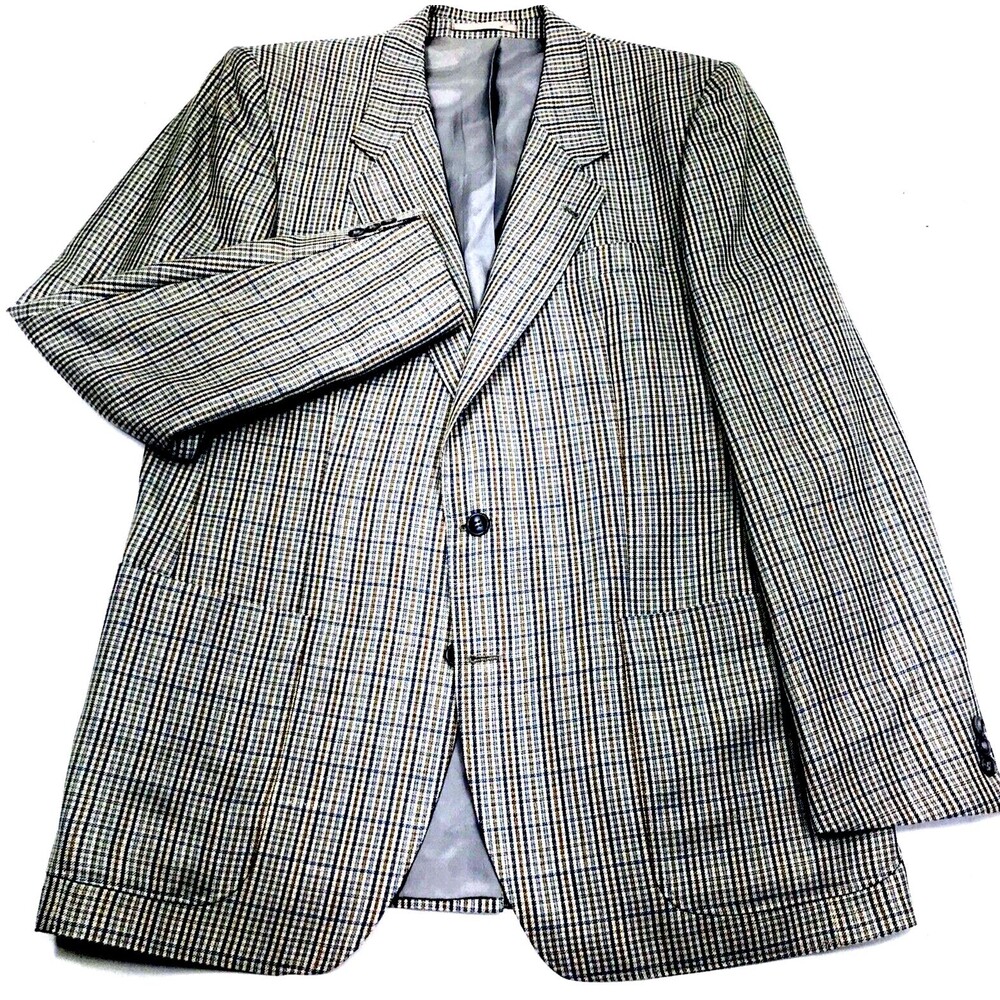 Konen Munchen Sport Coat Linen Plaid Blue Gray 40 42 Y2K Preppy Academia Germany
